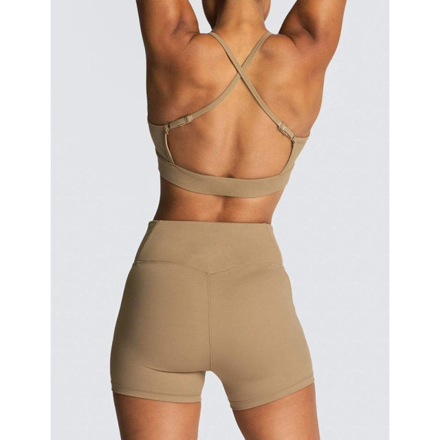 Brown Back Criss Yoga Bra with Shorts Set TQL710038-17
