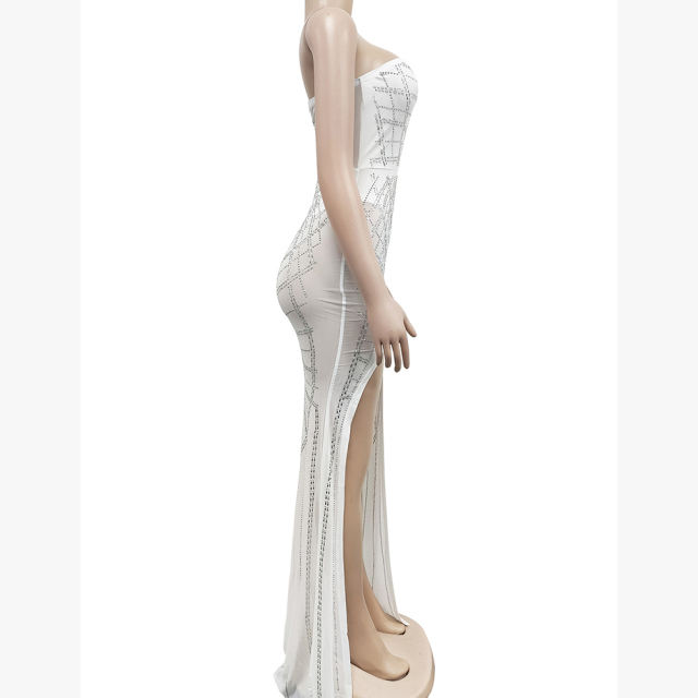 White Off Shoulder Mesh Rhinestone High Split Maxi Dress TQK311550-1