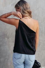 Black Satin One Shoulder Loose Tank Top LC2568331-2