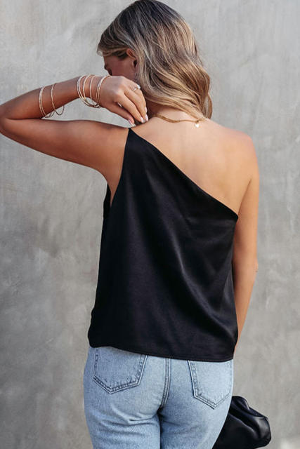 Black Satin One Shoulder Loose Tank Top LC2568331-2