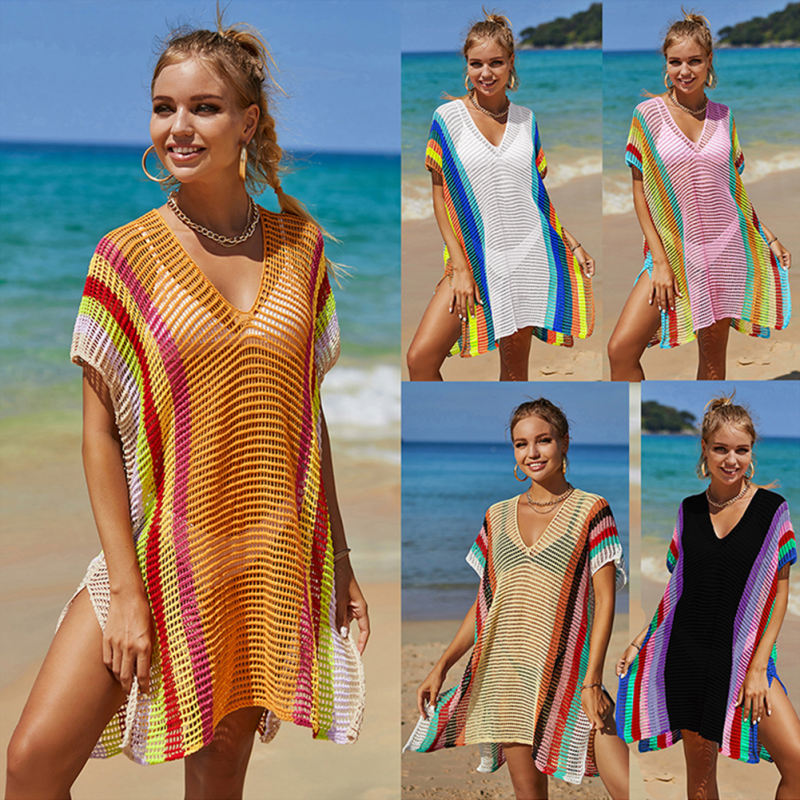 Orange Hollow-out Rainbow Kimono Knit Beachwear TQL310068-14