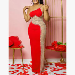 Red Rhinestone Pearl Mesh One-shoulder Maxi Dress TQK311552-3