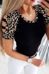 Black Leopard Color Block Cut Out Short Sleeve Top LC25220145-2