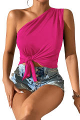 Rose One Shoulder Knotted Sleeveless Top with Asymmetrical Hem LC2568920-6