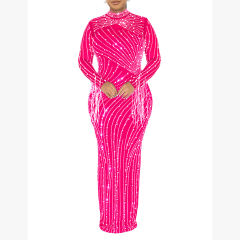 Rose Rhinestone Mesh Long Sleeve Maxi Dress TQK311551-6