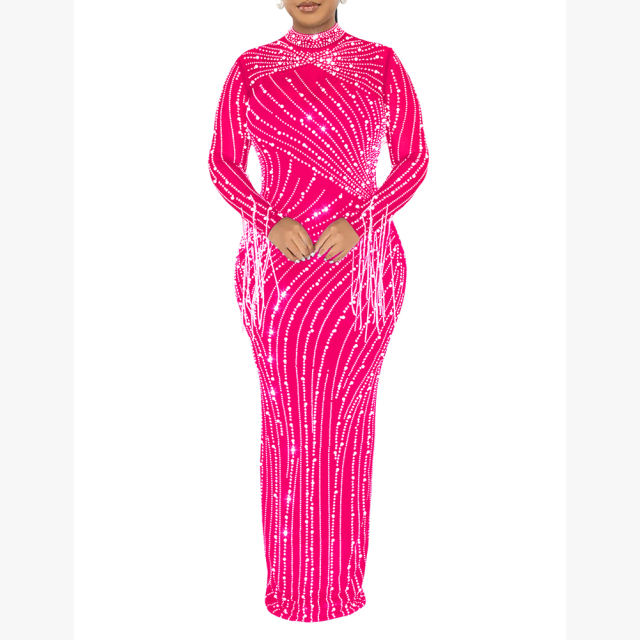 Rose Rhinestone Mesh Long Sleeve Maxi Dress TQK311551-6