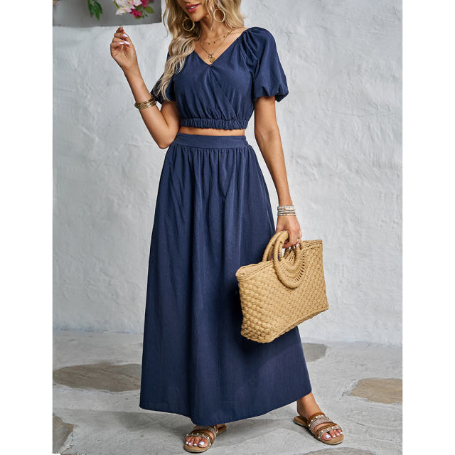 Navy Blue V Neck Crop Top and Pocket Skirt Set TQX711102-34