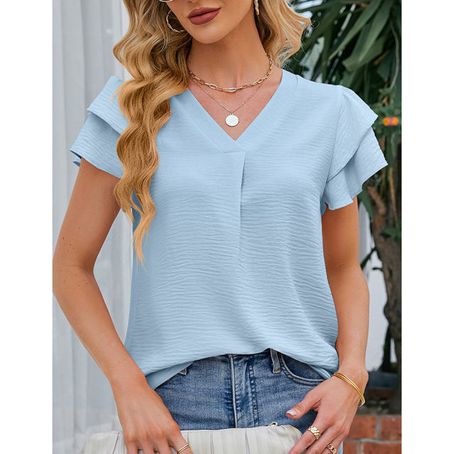 Light blue Chiffon V-neck Ruffled Short Sleeve Top TQG22001-30