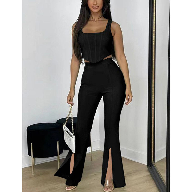 Black Sleeveless Crop Top with Split Pant Set TQG71001-2