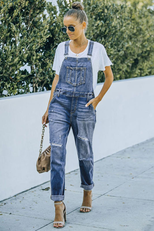 Sky Blue Distressed Bib Denim Overalls LC783879-4