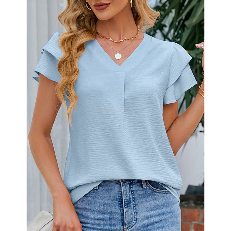 Light blue Chiffon V-neck Ruffled Short Sleeve Top TQG22001-30