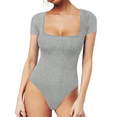 Light Gray Square Neck Short Sleeve Bodysuit TQX551134-25