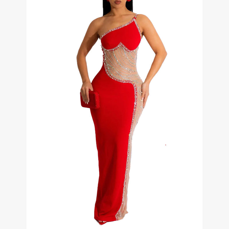 Red Rhinestone Pearl Mesh One-shoulder Maxi Dress TQK311552-3