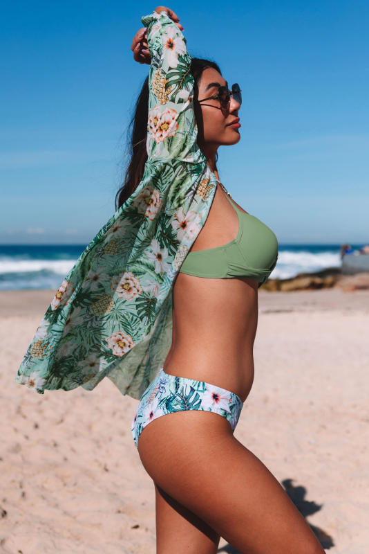 Green 3pcs Tropical Print Twist Bikini with Kimono LC481339-9