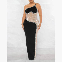 Black Rhinestone Pearl Mesh One-shoulder Maxi Dress TQK311552-2