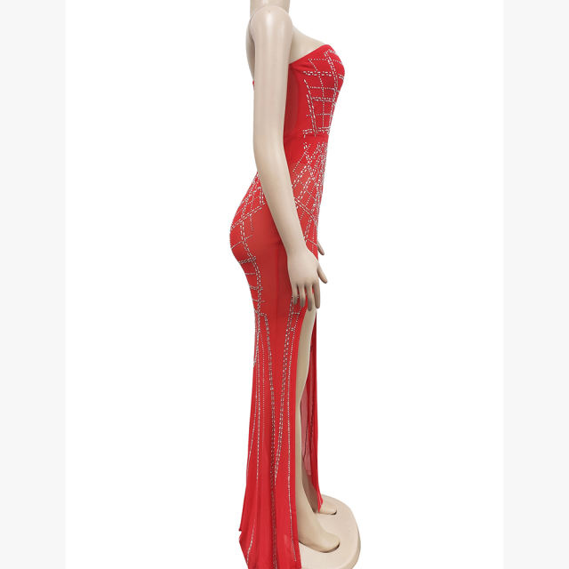Red Off Shoulder Mesh Rhinestone High Split Maxi Dress TQK311550-3