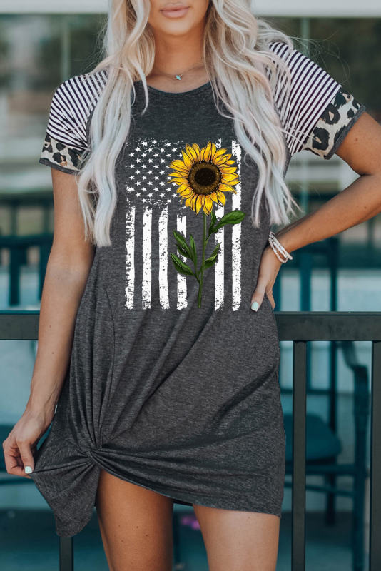 Gray Sunflower USA Flag Graphic Raglan Sleeve Twist Hem T-shirt Dress LC6116228-11