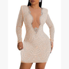 Apricot Deep V Neck Rhinestone Long Sleeve Bodycon Dress TQK311547-18