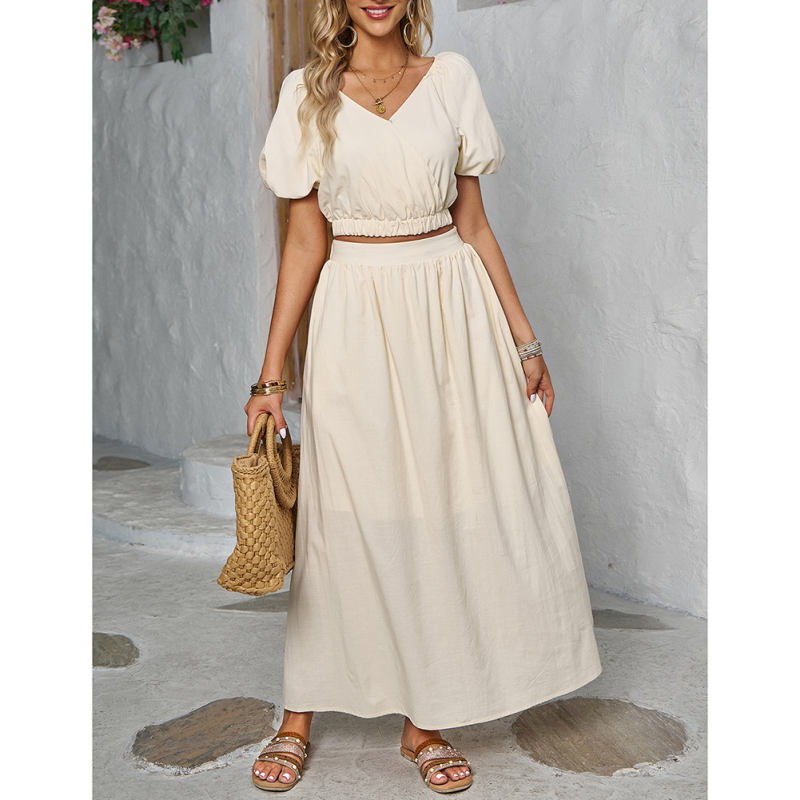 Apricot V Neck Crop Top and Pocket Skirt Set TQX711102-18