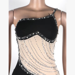 Black Rhinestone Pearl Mesh One-shoulder Maxi Dress TQK311552-2