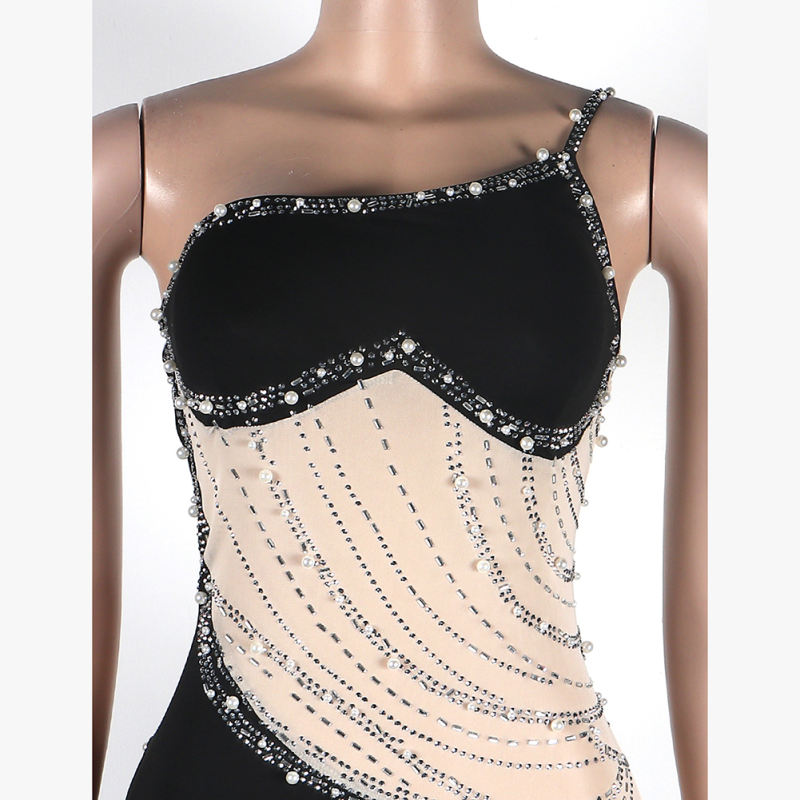 Black Rhinestone Pearl Mesh One-shoulder Maxi Dress TQK311552-2