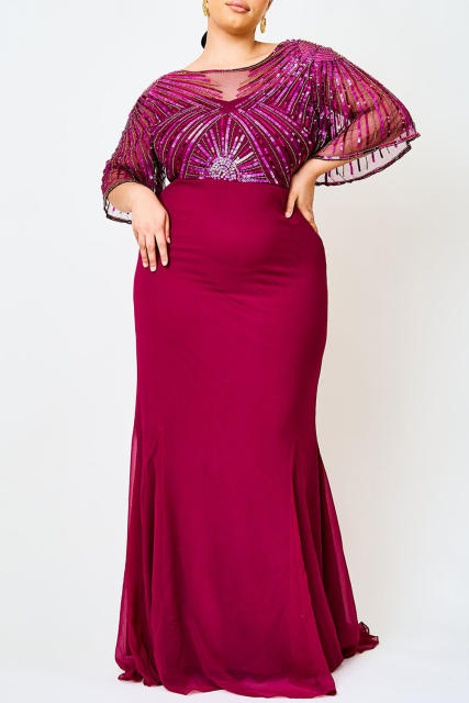 Red Sequin Mesh Open Back Plus Size Maxi Dress PL61526-3