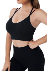 Black Ribbed Knit Strappy Back Yoga Bra LC264384-2