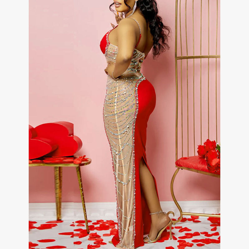 Red Rhinestone Pearl Mesh One-shoulder Maxi Dress TQK311552-3