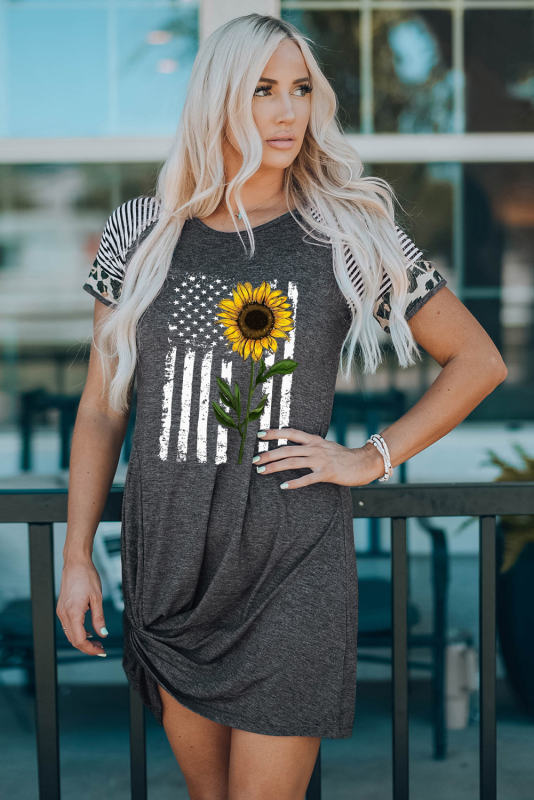 Gray Sunflower USA Flag Graphic Raglan Sleeve Twist Hem T-shirt Dress LC6116228-11