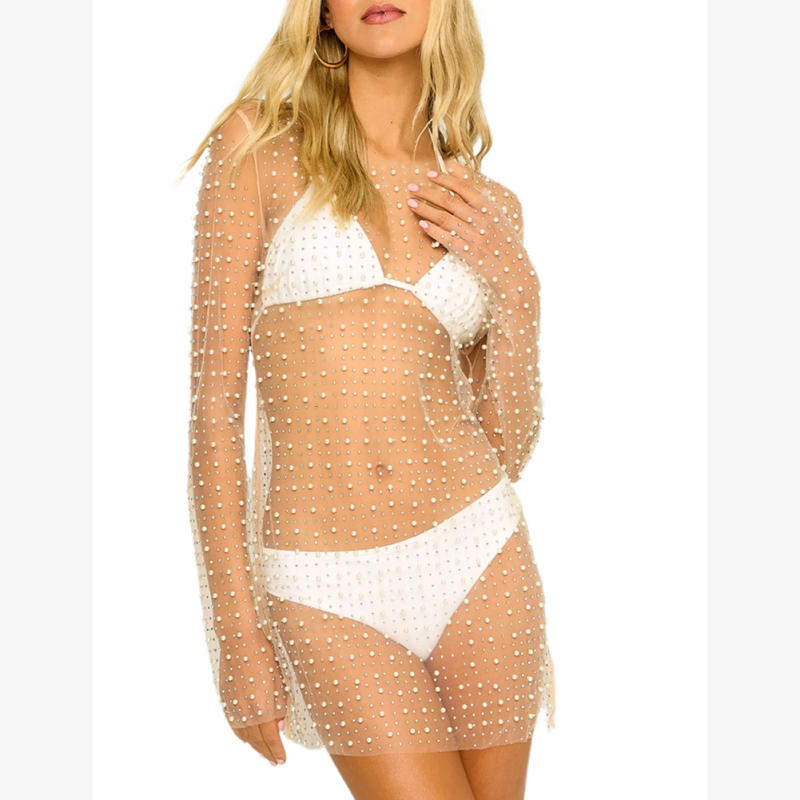 Beige Sheer Rhinestone Mesh Long Sleeve Beach Cover TQK311544-46