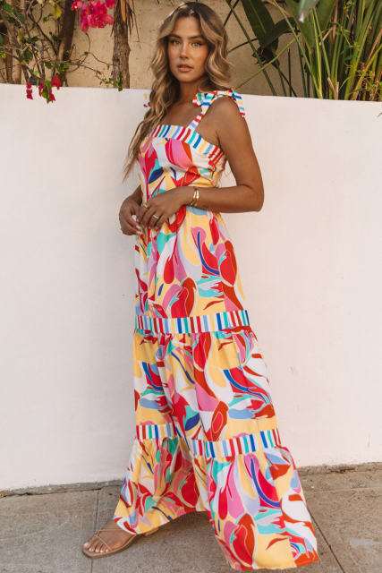 Multicolor Abstract Print Striped Trim Maxi Sundress LC6112858-22