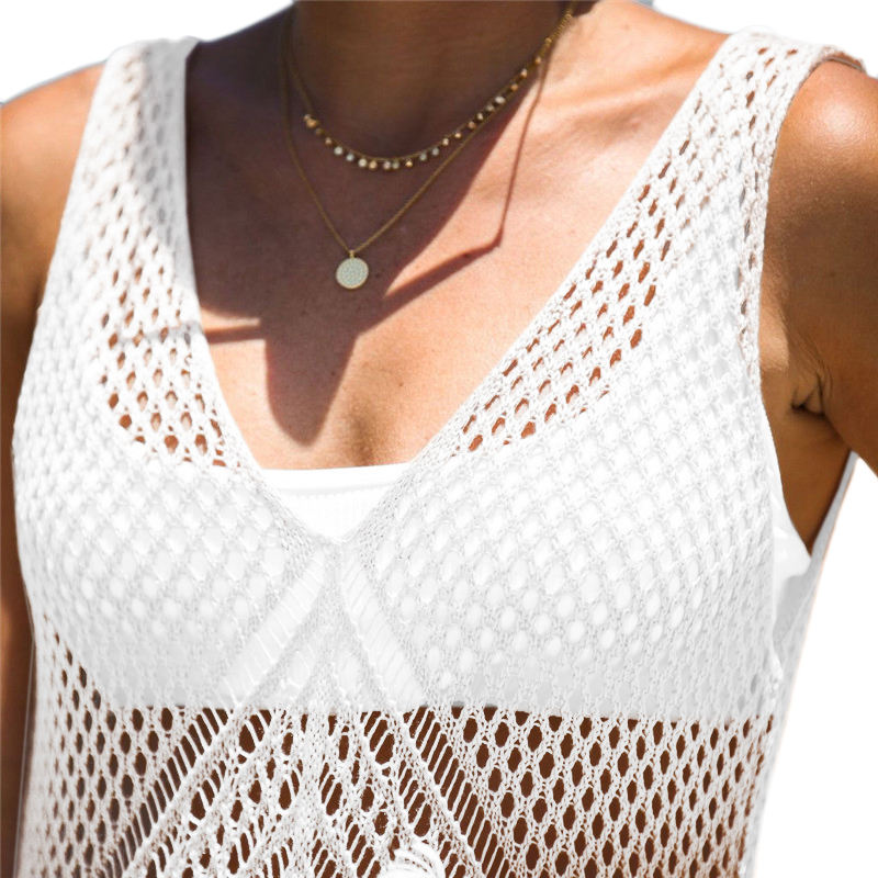 White Hollow Crochet Split Beach Dress TQK650057-1