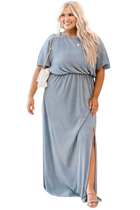 Sky Blue Plus Size Short Sleeves Rib Knit Maxi Dress with Slit PL61549-4