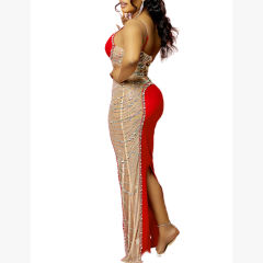 Red Rhinestone Pearl Mesh One-shoulder Maxi Dress TQK311552-3