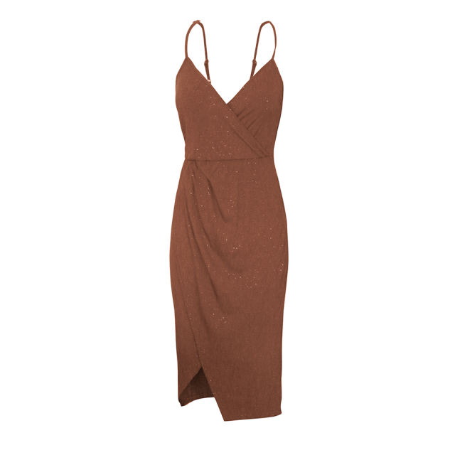 Brown Ribbed Spaghetti Straps V Neck Sparkling Bodycon Dress TQK311033-17