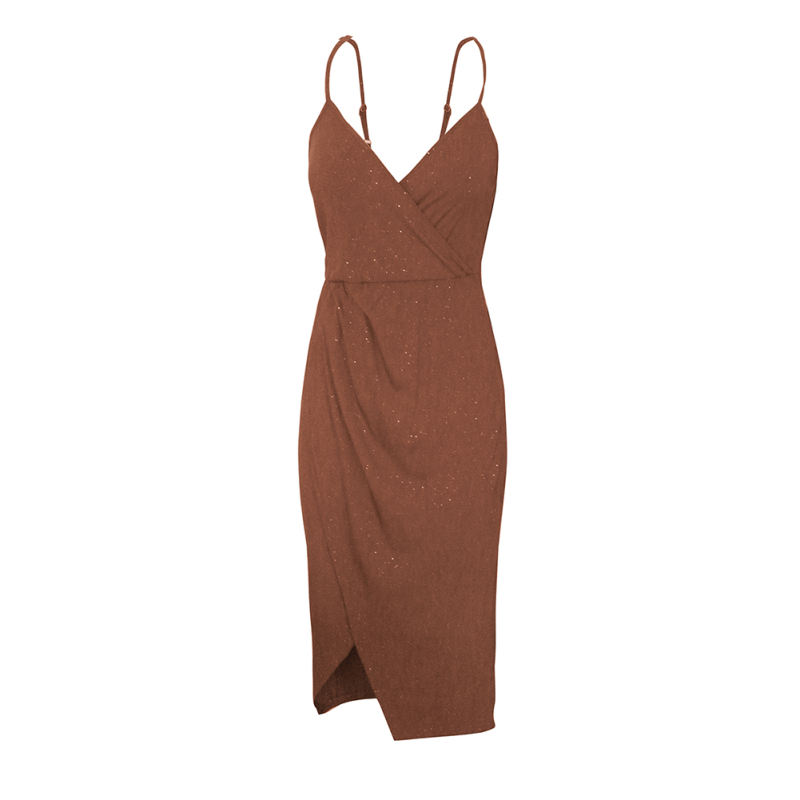 Brown Ribbed Spaghetti Straps V Neck Sparkling Bodycon Dress TQK311033-17