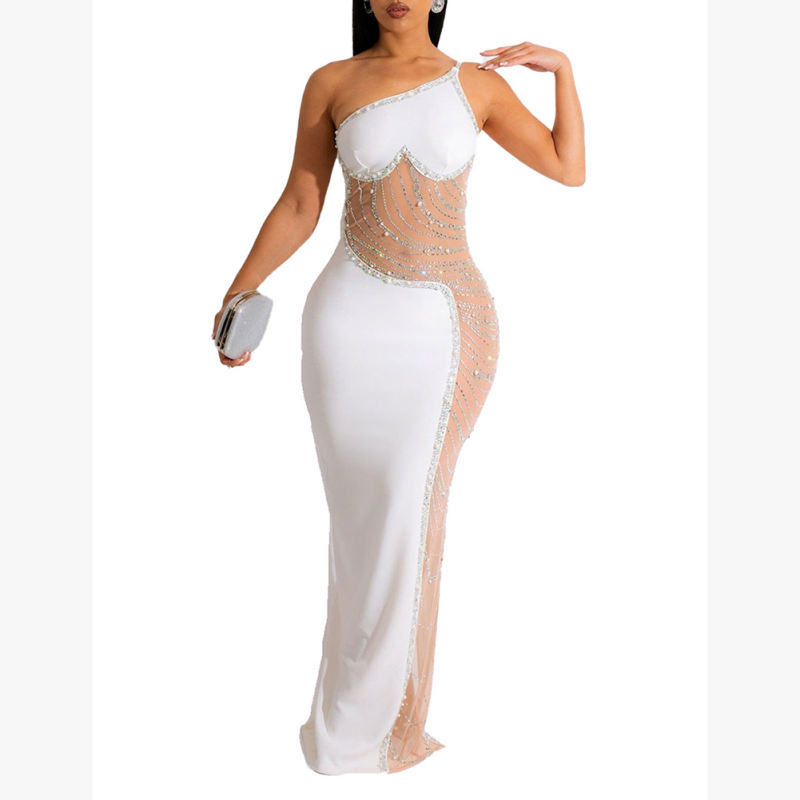 White Rhinestone Pearl Mesh One-shoulder Maxi Dress TQK311552-1