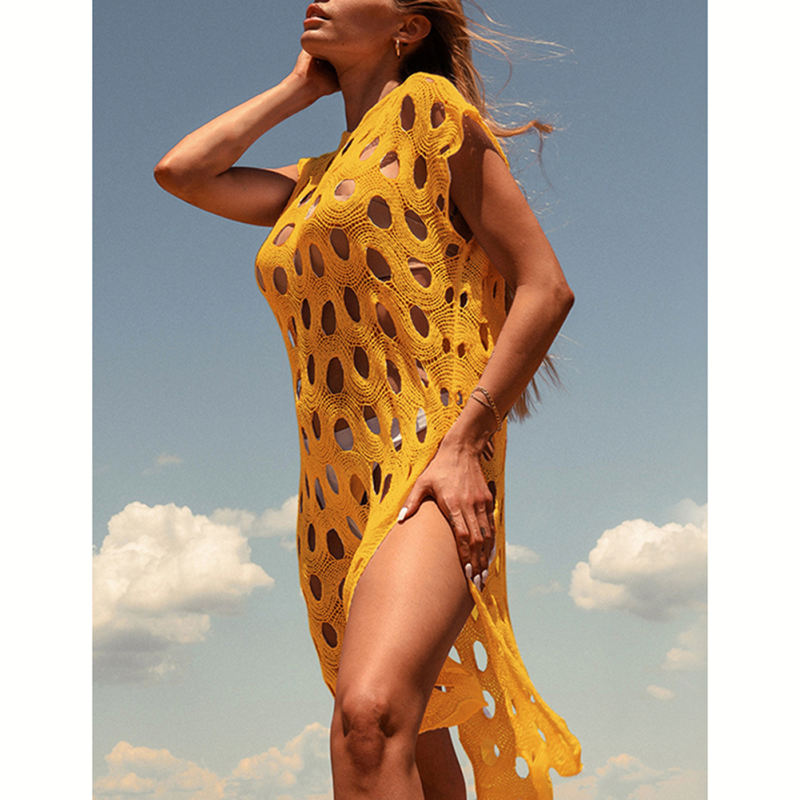 Orange Hollow-out Pullover Beach Cover with Slit TQG310034-14