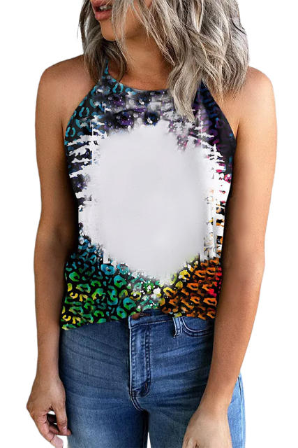 Black Leopard Bleached Print Round Neck Tank Top LC2568880-2