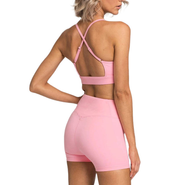 Pink White Back Criss Yoga Bra with Shorts Set TQL710038-10