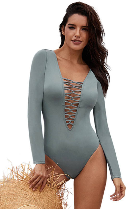 Gray Sexy Lace up High Cut One Piece Swimsuit