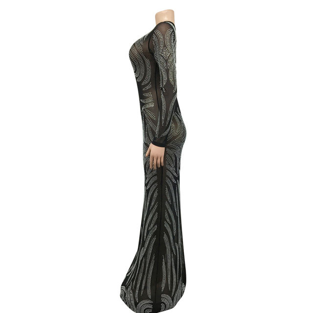 Black Mesh Rhinestone See Through Long Sleeve Maxi Dress TQK311243-2