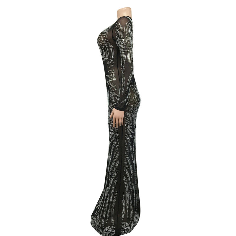 Black Mesh Rhinestone See Through Long Sleeve Maxi Dress TQK311243-2