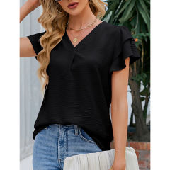 Black Chiffon V-neck Ruffled Short Sleeve Top TQG22001-2
