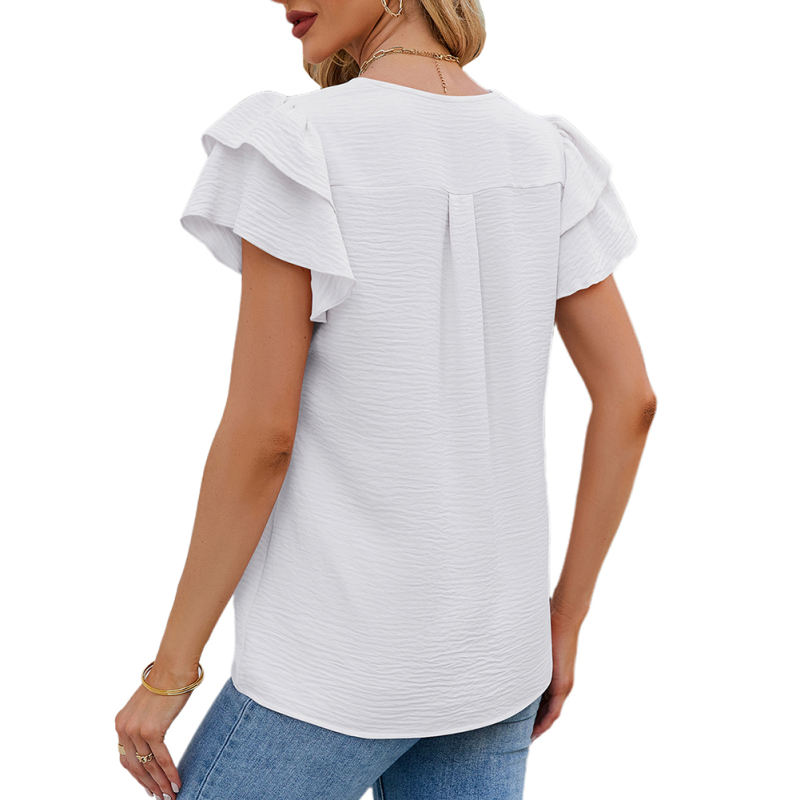 White Chiffon V-neck Ruffled Short Sleeve Top TQG22001-1