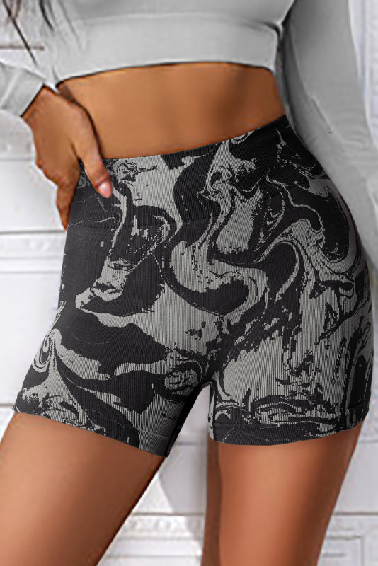 Black Abstract Print Ribbed High Waist Active Bottoms LC265198-2