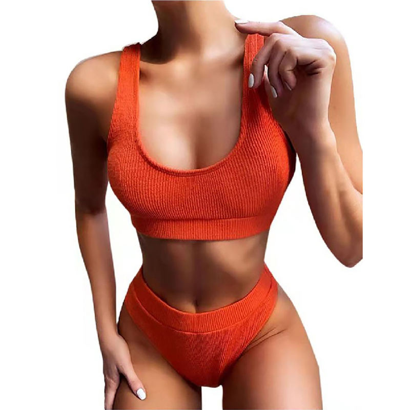 Orange Solid Rib Tank Bikini Swimsuit TQK610287-14