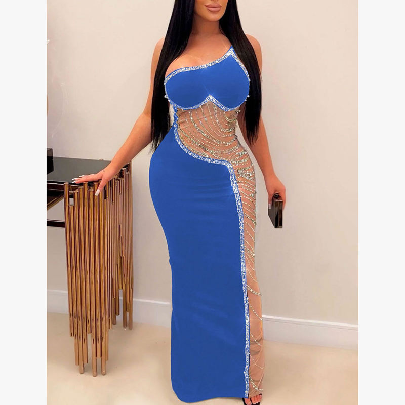 Blue Rhinestone Pearl Mesh One-shoulder Maxi Dress TQK311552-5