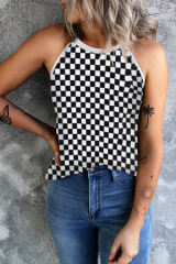 Black Plaid O Neck Sleeveless Tank Top LC2566811-2