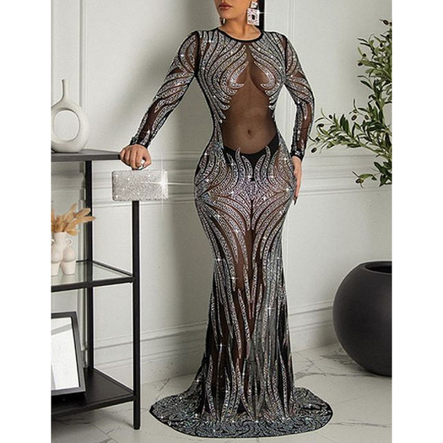 Black Mesh Rhinestone See Through Long Sleeve Maxi Dress TQK311243-2